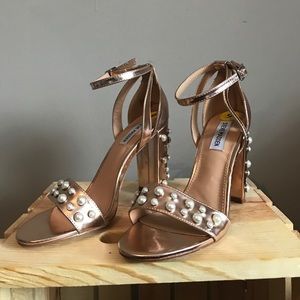 Rose gold pearl accent heeled sandals